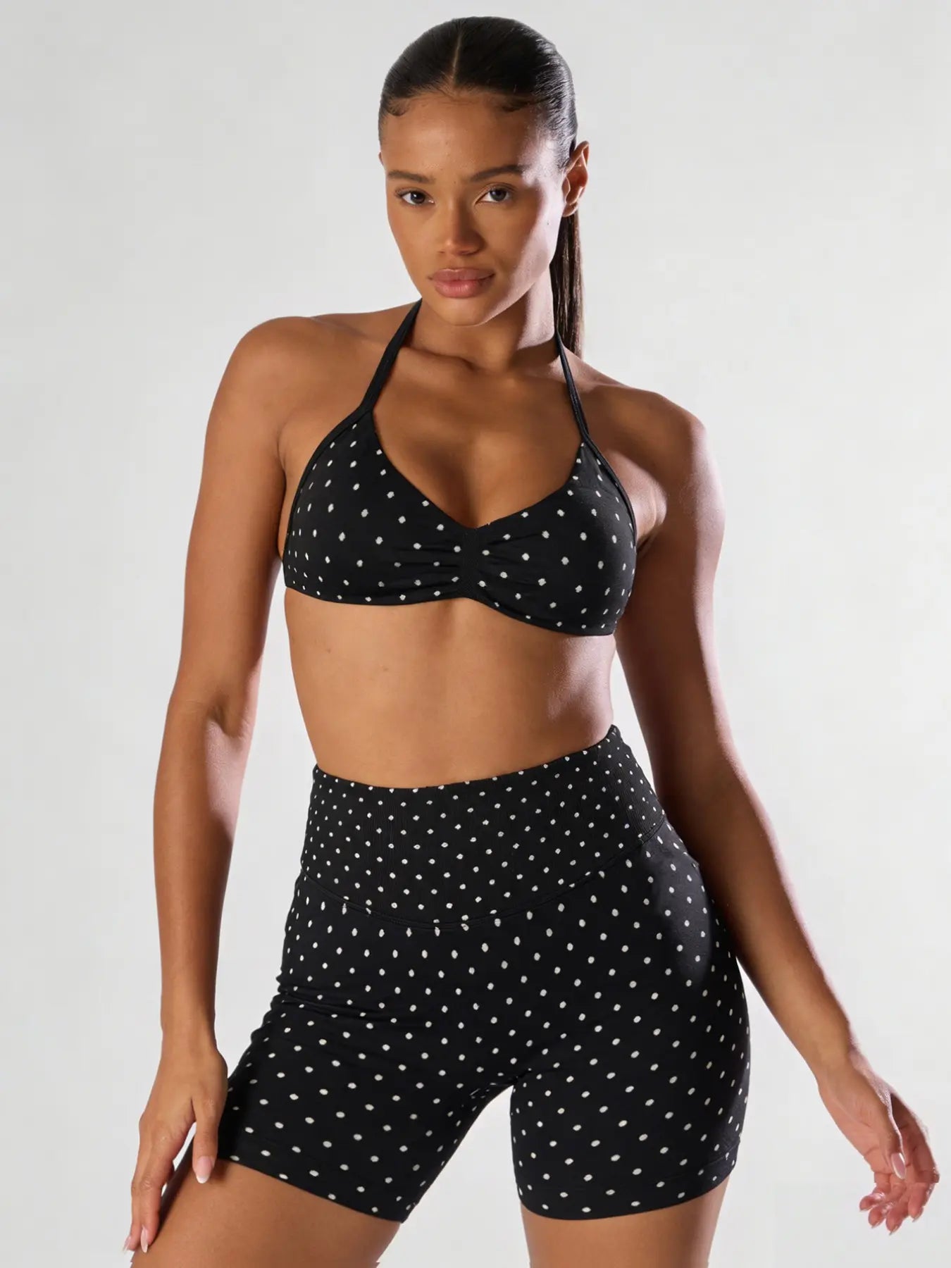 New Women'S Polka Dot Print Sports Set, High Waist Butt Lifting Tank Top, above the Knee Shorts, Yoga Fitness Running, Athleisure Wear Set