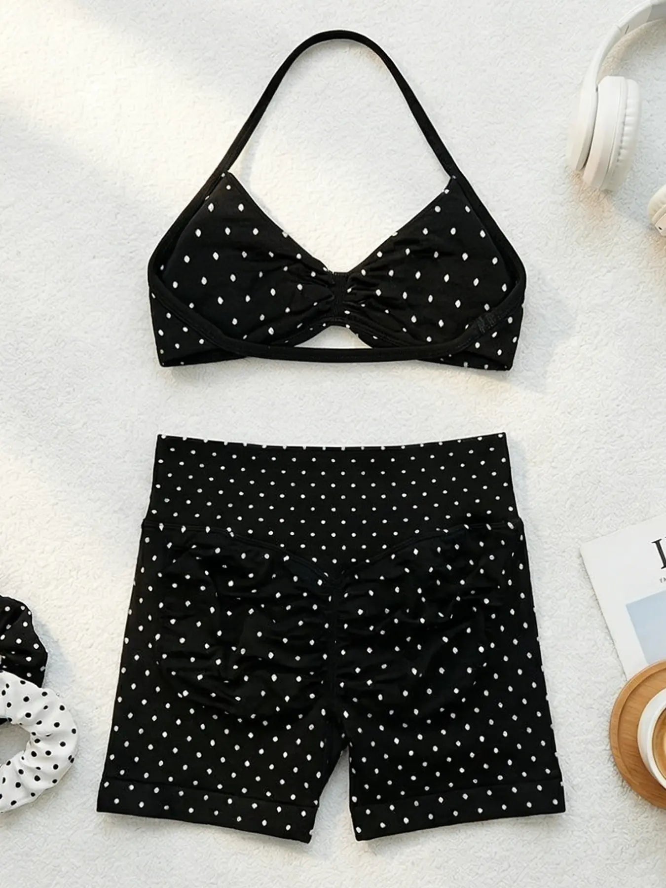 New Women'S Polka Dot Print Sports Set, High Waist Butt Lifting Tank Top, above the Knee Shorts, Yoga Fitness Running, Athleisure Wear Set